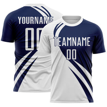 Load image into Gallery viewer, Custom White Navy Diagonal Streamline Color Block Swirl Curve Lines Sublimation Soccer Uniform Jersey
