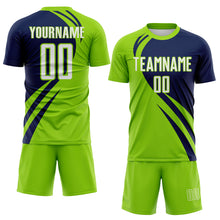 Load image into Gallery viewer, Custom Neon Green White-Navy Diagonal Streamline Color Block Swirl Curve Lines Sublimation Soccer Uniform Jersey