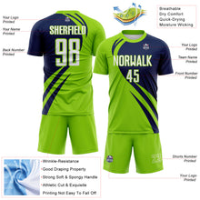 Load image into Gallery viewer, Custom Neon Green White-Navy Diagonal Streamline Color Block Swirl Curve Lines Sublimation Soccer Uniform Jersey