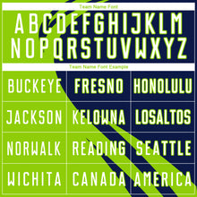 Load image into Gallery viewer, Custom Neon Green White-Navy Diagonal Streamline Color Block Swirl Curve Lines Sublimation Soccer Uniform Jersey