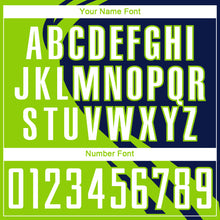 Load image into Gallery viewer, Custom Neon Green White-Navy Diagonal Streamline Color Block Swirl Curve Lines Sublimation Soccer Uniform Jersey