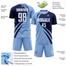 Charger l'image dans la galerie, Custom Light Blue White-Navy Diagonal Streamline Color Block Swirl Curve Lines Sublimation Soccer Uniform Jersey