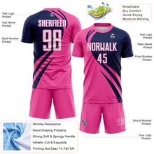 Load image into Gallery viewer, Custom Pink White-Navy Diagonal Streamline Color Block Swirl Curve Lines Sublimation Soccer Uniform Jersey