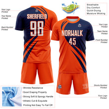 Load image into Gallery viewer, Custom Orange White-Navy Diagonal Streamline Color Block Swirl Curve Lines Sublimation Soccer Uniform Jersey