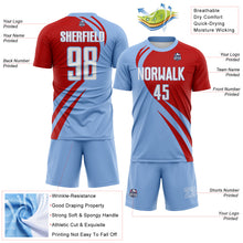 Load image into Gallery viewer, Custom Light Blue White-Red Diagonal Streamline Color Block Swirl Curve Lines Sublimation Soccer Uniform Jersey