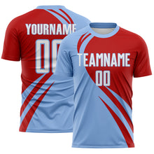 Load image into Gallery viewer, Custom Light Blue White-Red Diagonal Streamline Color Block Swirl Curve Lines Sublimation Soccer Uniform Jersey