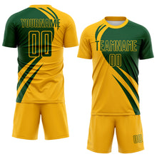 Load image into Gallery viewer, Custom Gold Green Diagonal Streamline Color Block Swirl Curve Lines Sublimation Soccer Uniform Jersey