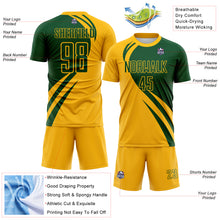 Load image into Gallery viewer, Custom Gold Green Diagonal Streamline Color Block Swirl Curve Lines Sublimation Soccer Uniform Jersey