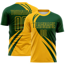 Load image into Gallery viewer, Custom Gold Green Diagonal Streamline Color Block Swirl Curve Lines Sublimation Soccer Uniform Jersey
