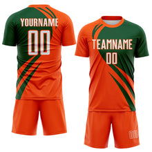 Load image into Gallery viewer, Custom Orange White-Green Diagonal Streamline Color Block Swirl Curve Lines Sublimation Soccer Uniform Jersey