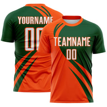 Load image into Gallery viewer, Custom Orange White-Green Diagonal Streamline Color Block Swirl Curve Lines Sublimation Soccer Uniform Jersey