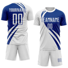 Load image into Gallery viewer, Custom White Royal Diagonal Streamline Color Block Swirl Curve Lines Sublimation Soccer Uniform Jersey