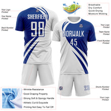 Load image into Gallery viewer, Custom White Royal Diagonal Streamline Color Block Swirl Curve Lines Sublimation Soccer Uniform Jersey