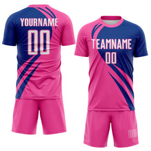 Load image into Gallery viewer, Custom Pink White-Royal Diagonal Streamline Color Block Swirl Curve Lines Sublimation Soccer Uniform Jersey