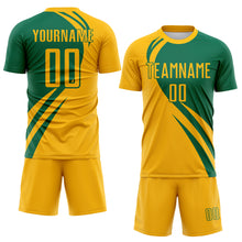 Load image into Gallery viewer, Custom Gold Kelly Green Diagonal Streamline Color Block Swirl Curve Lines Sublimation Soccer Uniform Jersey