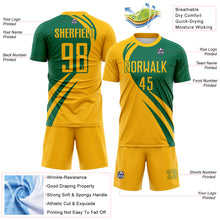 Load image into Gallery viewer, Custom Gold Kelly Green Diagonal Streamline Color Block Swirl Curve Lines Sublimation Soccer Uniform Jersey