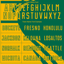 Load image into Gallery viewer, Custom Gold Kelly Green Diagonal Streamline Color Block Swirl Curve Lines Sublimation Soccer Uniform Jersey