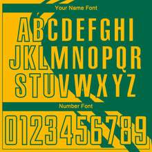 Load image into Gallery viewer, Custom Gold Kelly Green Diagonal Streamline Color Block Swirl Curve Lines Sublimation Soccer Uniform Jersey