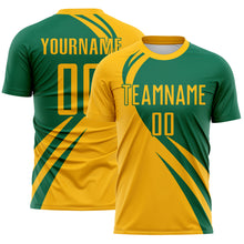 Load image into Gallery viewer, Custom Gold Kelly Green Diagonal Streamline Color Block Swirl Curve Lines Sublimation Soccer Uniform Jersey
