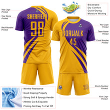 Load image into Gallery viewer, Custom Gold Purple Diagonal Streamline Color Block Swirl Curve Lines Sublimation Soccer Uniform Jersey