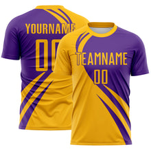 Load image into Gallery viewer, Custom Gold Purple Diagonal Streamline Color Block Swirl Curve Lines Sublimation Soccer Uniform Jersey