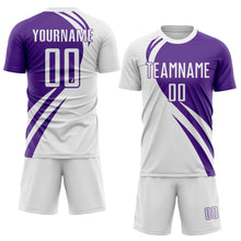 Load image into Gallery viewer, Custom White Purple Diagonal Streamline Color Block Swirl Curve Lines Sublimation Soccer Uniform Jersey