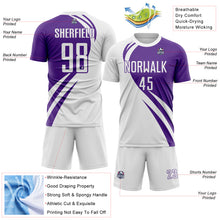 Load image into Gallery viewer, Custom White Purple Diagonal Streamline Color Block Swirl Curve Lines Sublimation Soccer Uniform Jersey