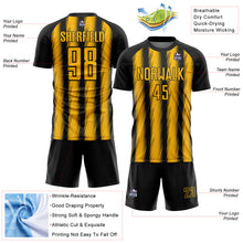 Load image into Gallery viewer, Custom Black Gold Vertical Brush Stroke Stripes Sublimation Soccer Uniform Jersey