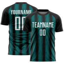 Laden Sie das Bild in den Galerie-Viewer, Custom Black White-Teal Vertical Brush Stroke Stripes Sublimation Soccer Uniform Jersey