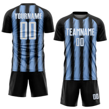 Загрузить изображение в средство просмотра галереи, Custom Black White-Light Blue Vertical Brush Stroke Stripes Sublimation Soccer Uniform Jersey