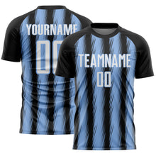 Загрузить изображение в средство просмотра галереи, Custom Black White-Light Blue Vertical Brush Stroke Stripes Sublimation Soccer Uniform Jersey