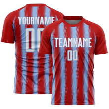 Load image into Gallery viewer, Custom Red White-Light Blue Vertical Brush Stroke Stripes Sublimation Soccer Uniform Jersey