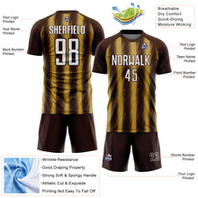 Load image into Gallery viewer, Custom Brown White-Old Gold Vertical Brush Stroke Stripes Sublimation Soccer Uniform Jersey