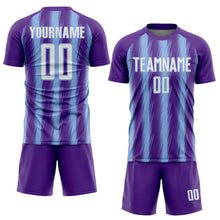 Laden Sie das Bild in den Galerie-Viewer, Custom Purple White-Light Blue Vertical Brush Stroke Stripes Sublimation Soccer Uniform Jersey