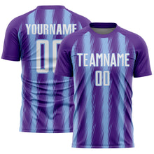 Laden Sie das Bild in den Galerie-Viewer, Custom Purple White-Light Blue Vertical Brush Stroke Stripes Sublimation Soccer Uniform Jersey