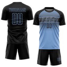 Charger l'image dans la galerie, Custom Black Light Blue-Steel Gray Gradient Horizontal Stripes Sublimation Soccer Uniform Jersey