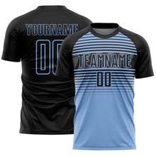Charger l'image dans la galerie, Custom Black Light Blue-Steel Gray Gradient Horizontal Stripes Sublimation Soccer Uniform Jersey
