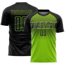 Charger l'image dans la galerie, Custom Black Neon Green-Steel Gray Gradient Horizontal Stripes Sublimation Soccer Uniform Jersey