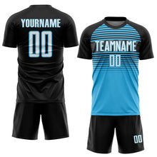 Charger l'image dans la galerie, Custom Black White Sky Blue-Steel Gray Gradient Horizontal Stripes Sublimation Soccer Uniform Jersey