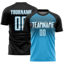 Charger l'image dans la galerie, Custom Black White Sky Blue-Steel Gray Gradient Horizontal Stripes Sublimation Soccer Uniform Jersey