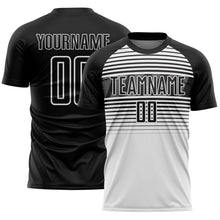 Charger l'image dans la galerie, Custom Black White-Steel Gray Gradient Horizontal Stripes Sublimation Soccer Uniform Jersey