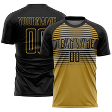 Charger l'image dans la galerie, Custom Black Old Gold-Steel Gray Gradient Horizontal Stripes Sublimation Soccer Uniform Jersey