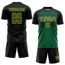 Load image into Gallery viewer, Custom Black Kelly Green Gold-Steel Gray Gradient Horizontal Stripes Sublimation Soccer Uniform Jersey