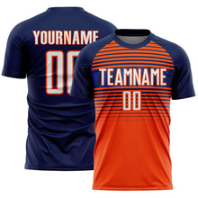 Load image into Gallery viewer, Custom Navy White Orange-Royal Gradient Horizontal Stripes Sublimation Soccer Uniform Jersey