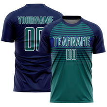 Загрузить изображение в средство просмотра галереи, Custom Navy Teal Royal-White Gradient Horizontal Stripes Sublimation Soccer Uniform Jersey
