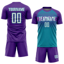 Загрузить изображение в средство просмотра галереи, Custom Purple White Teal-Medium Purple Gradient Horizontal Stripes Sublimation Soccer Uniform Jersey