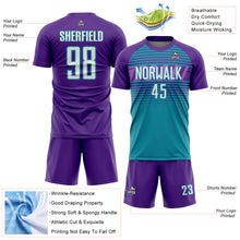Загрузить изображение в средство просмотра галереи, Custom Purple White Teal-Medium Purple Gradient Horizontal Stripes Sublimation Soccer Uniform Jersey