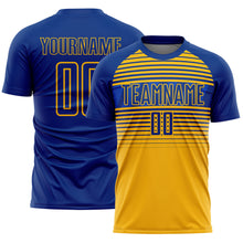 Charger l'image dans la galerie, Custom Royal Gold-Thunder Blue Gradient Horizontal Stripes Sublimation Soccer Uniform Jersey