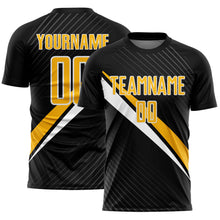 Charger l'image dans la galerie, Custom Black Gold-White Diagonal Stripes Sports Sublimation Soccer Uniform Jersey