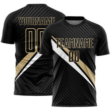 Charger l'image dans la galerie, Custom Black Vegas Gold-White Diagonal Stripes Sports Sublimation Soccer Uniform Jersey
